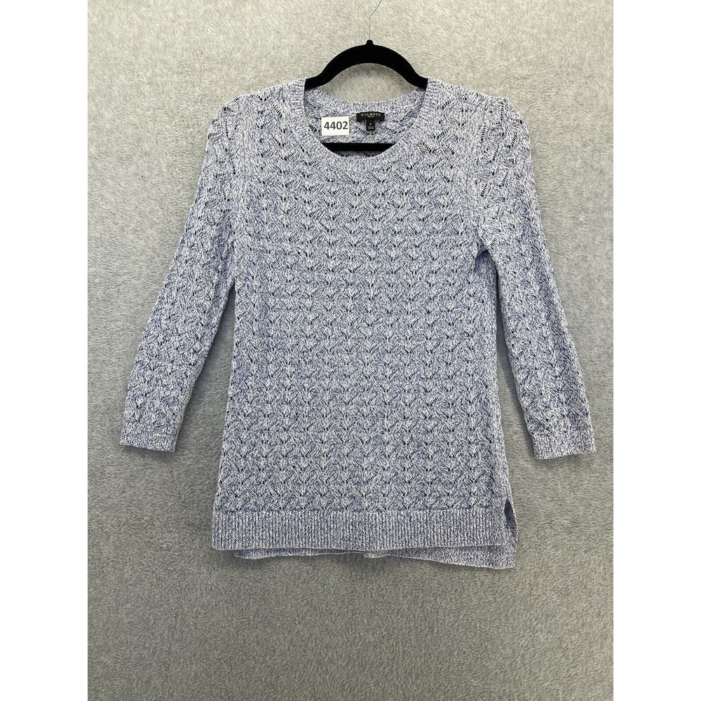Talbots Women's Open Knit Sweater Blue 3/4 Sleeve Size P Cotton Linen Blend